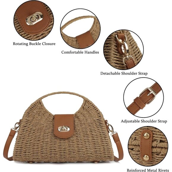 Women Straw Beach Bag Handwoven Crossbody Summer Purse with Adjustable Strap - Picture 3 of 7